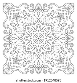 Ornament of silhouette flowers, twisted lines in a square. Tile design.