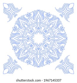 Ornament of silhouette flowers, twisted lines in a square. Tile design.