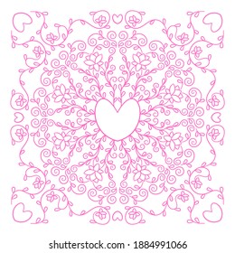 Ornament of silhouette hearts, flowers, twisted leaves in a square.	
