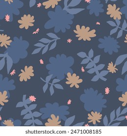 Ornament of silhouettes of leaves and flowers. Abstract botanical vector seamless pattern.