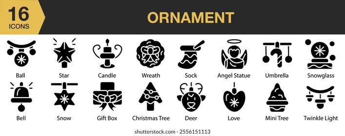 Ornament solid icon set. Includes wreatch, sock, angel statue, umbrella, snowglass, deer, love, and More. Solid icons vector collection.