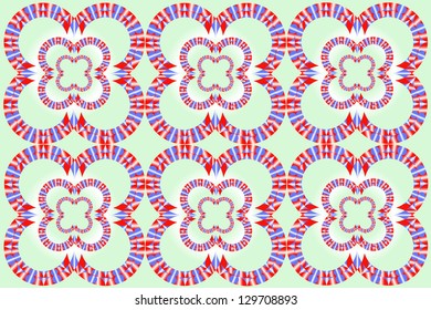 Ornament as a spring motif with stylized objects vividly colored, resembling blooming spring flowers