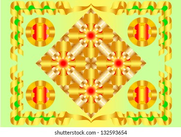 Ornament in the spring, warm colors with a frame lozenge form spirals and circles filled shapes