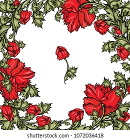 Ornament in a square with bright red poppies. Elements for summer design.