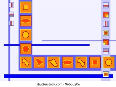 Ornament from squares, circles, ellipses, lines, strips and complex geometrical designs