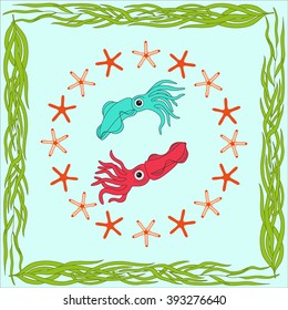 Ornament squid surrounded by stars in a frame from sea kale
