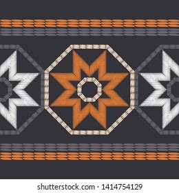 Ornament with Stars. Ethnic boho seamless pattern. Embroidery on fabric. Patchwork texture. Traditional ornament. Tribal pattern. Folk motif. Can be used for wallpaper, textile, wrapping, web.