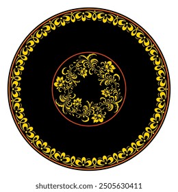 Ornament in style of Russian national tradition. Hohloma in red, gold  and black colors, floral border in traditional Old russian style.Traditional Russian folk style hohloma, folk motif. Vector twigs