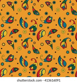 Ornament with stylized cartoon elements. Vector seamless pattern with paisley, wings, stars and flowers. Template for textile, linen, wrapping, wallpaper.