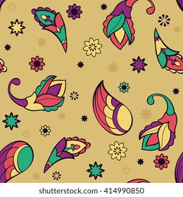 Ornament with stylized cartoon elements. Vector seamless pattern with paisley, wings, stars and flowers. Template for textile, linen, wrapping, wallpaper.