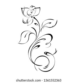 ornament with stylized flower, leaves and curls in black lines on a white background