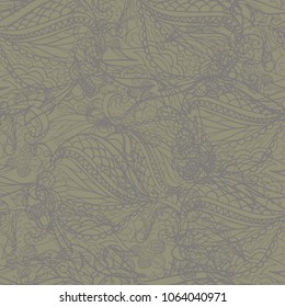 Ornament with stylized flowers. Calm colors. Line drawing. Design. Wavy and swirling lines. Tobacco color. Abstract background. The effect of lace.