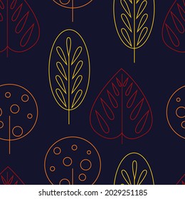 Ornament from stylized trees of red, yellow and orange colors on a dark blue background. Seamless pattern.