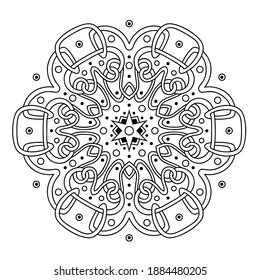 Ornament of swirling lines, circle and star flower. Decorative element for the cover of the book, postcards, t-shirts. Illustration for coloring.