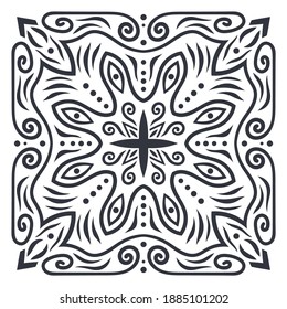 Ornament of swirling lines, dots, silhouettes of flower buds and central flower star. Print for the cover of the book, postcards, t-shirts. Illustration for rugs.