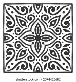Ornament of swirling lines, dots, silhouettes of flower buds and central flower star. Print for the cover of the book, postcards, t-shirts. Illustration for rugs.