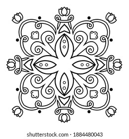 Ornamento de líneas giratorias, flores y formas geométricas. Imprimir para la portada del libro, postales, camisetas. Ilustración para alfombras. Divisor decorativo caligráfico.