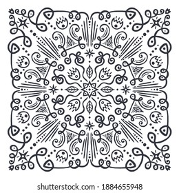 Ornament of swirling lines, flowers, stars and vegetation. Print for the cover of the book, postcards, t-shirts. Illustration for rugs.