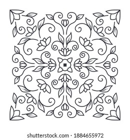 Ornament of swirling lines, silhouettes of flower buds and central flower star. Print for the cover of the book, postcards, t-shirts. Illustration for rugs.