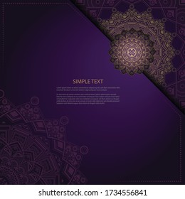 Diseño de plantillas de ornamentos en un fondo morado oscuro. Mandala. Ideal para invitaciones, tarjetas de visita, volantes, menús, folletos, postales, fondos, fondos de escritorio, decoraciones o cualquier idea deseada.