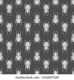 Ornament template for your design background. 
Hand drawn illustration pattern of beetle on a gray background. vector illustration.