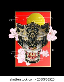 adorno con diseño de ilustración de vectores de tigre y flor