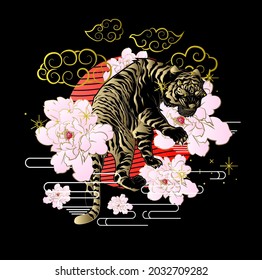 ornament with tiger and flower vector illustration design