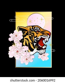 ornament with tiger and flower vector illustration design