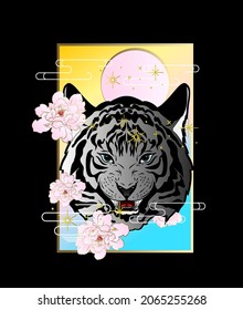 ornament with tiger head and flower vector illustration design