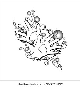 Ornament two hands two hearts. Vector illustration.