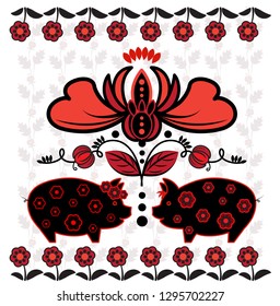 Ornament with two pigs and red flowers in folk style,Petryakovskaya folk painting