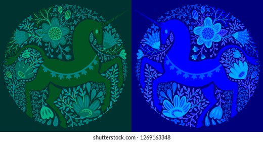 Ornament with unicorn, flowers and magical herbs. Great for Halloween greeting cards, for printing on t-shirts and more.