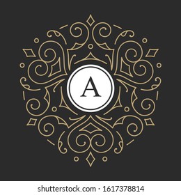 Ornament Vector design templates in trendy linear style - signs made with golden foil on black background - luxury products, florist emblems, organic cosmetics packaging 