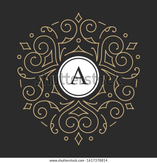 Ornament Vector design\
templates in trendy linear style - signs made with golden foil on\
black background - luxury products, florist emblems, organic\
cosmetics packaging 