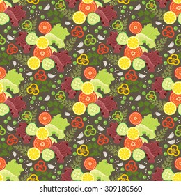 Ornament from vegetables on a brown background. Vector illustration