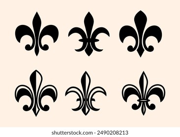 Ornament Vintage Vector Pack,, ornamen vector pack, Fleur de lys vintage design element or icon in black suitable for heraldry and classic decoration design in various shapes, Fleur de lis vector 