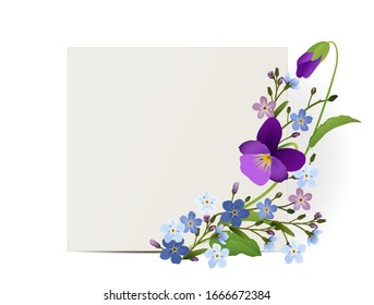 Ornament of violets and forget-me-not flowers with card,
Vector illustration isolated on white background
