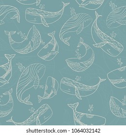 Ornament with whales. Restful cold color gamma. Stylized animals. Linear pattern. Abstract background. Sea theme. Design. VECTOR IMAGE. Sophisticated print. The effect of relaxation and depth.