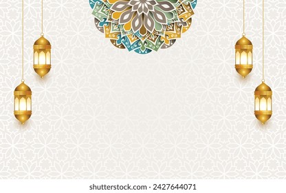 ornament white colorful mandala eid mubarak ramadan or ramadhan islamic background banner frame.Translation: "Muslim fasting month and celebration day after fasting"