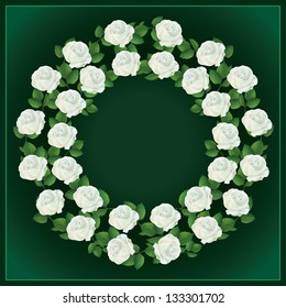 Ornament of white roses, element for design, isolated on dark - green background. Vector illustration
