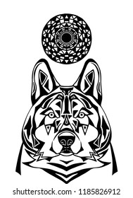 Ornament wolf on white background. Patterned art of severe wolf.