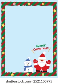 Ornament wreath border background illustration decorated with Santa and snowman and Merry Christmas calligraphy for Christmas