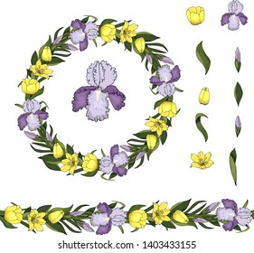  ornament, wreath 
floral, flower, nature, spring, botany, grass, herbal, Botanical, iris, Tulip