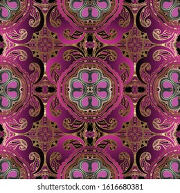 Ornamental 3d paisley vector seamless pattern. Vintage oriental ethnic style arabesque background. Repeat decorative ornate backdrop. Floral arabic lace ornaments with paisley flowers, leaves, lines.