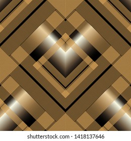 Ornamental 3d striped vector seamless pattern. Surface geometric background. Modern abstract ornament with zigzag lines, stripes, rhombus, squares, shapes. Ornate 3d texture. Tartan plaid lines design