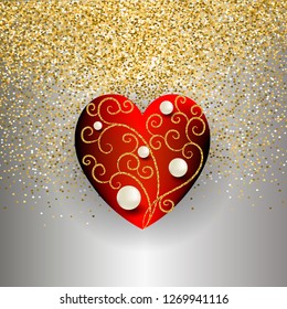 Ornamental 3d vector love heart  design. Gold glittery silver ornate shiny background. White pearls, glitter lines, swirls. Vector illustration. Luxury design for Valentines Day greeting card