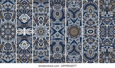 Dekorative abstrakte Mandala ethnischen Muster gesetzt psychedelischen Druck-Design. mexikanischen Stamm geometrischen Teppich Ornament Banner Sammlung Medaillon. Lesezeichen-Paket elegant