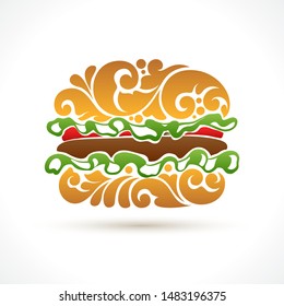 Ilustración abstracta ornamental de la comida rápida de la hamburguesa del modelo aislada en un fondo blanco