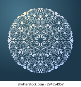 Ornamental abstract round lace pattern on blue background. Vector illustration.