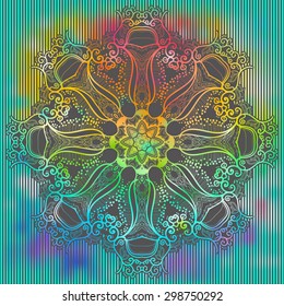 Ornamental abstract round lace pattern. Rainbow colored lacy  background. Vector illustration.
